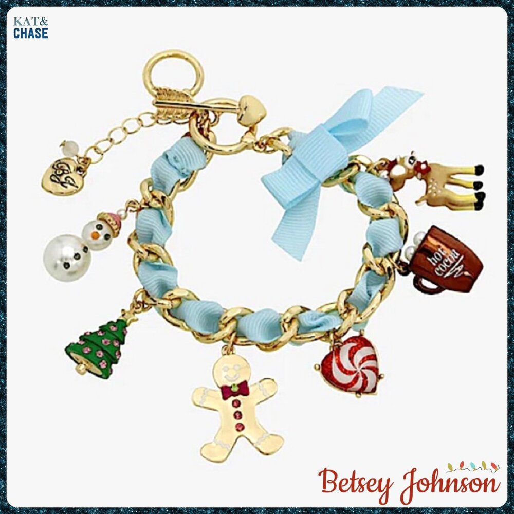 Betsey Johnson Blue Holiday Charm Bracelet Snowman Rudolph Snow Gingerman Cocoa